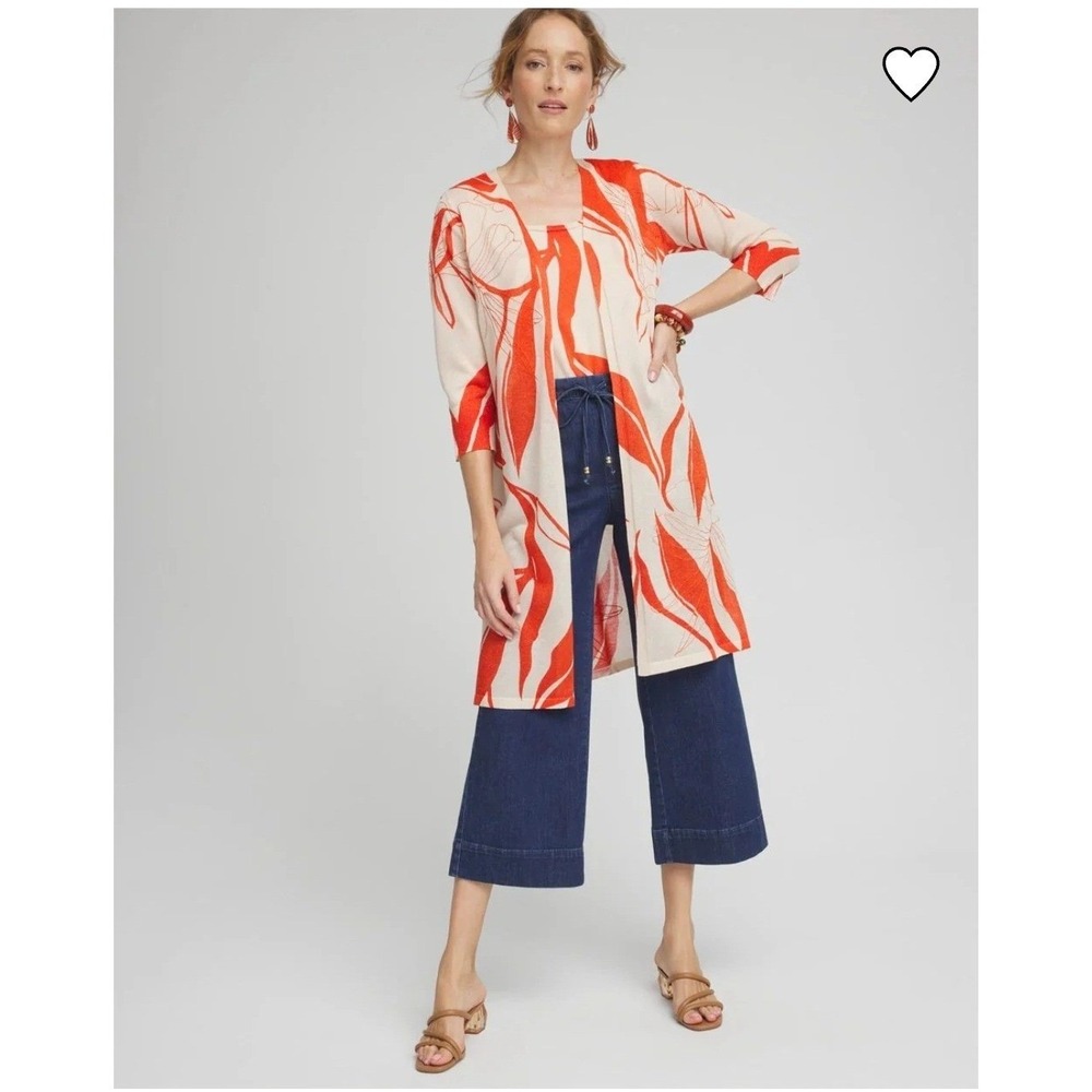 Chico's Embroidered Leaves Longline Cardigan Duster Orange Cream Jacket